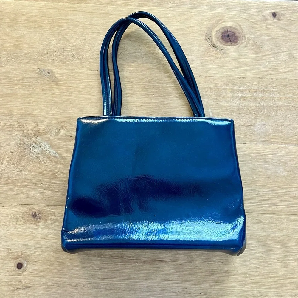 Vintage 1960s Mod Dover Navy Blue Patent Top Handle Frame Handbag Made in USA